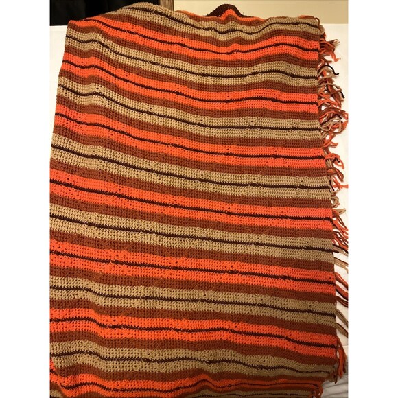 Huge Vintage Diamond Pattern Handmade Afghan Crochet Blanket 90x45  Orange/Brown - Picture 3 of 6